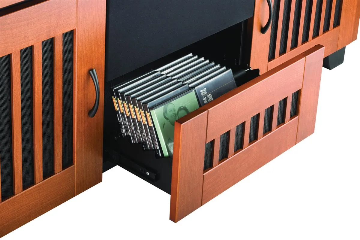 Salamander Chameleon Collection Sonoma 245 Quad Speaker Integrated Cabinet (American Cherry Vertical Pattern with Perforated Black Steel Inserts)
