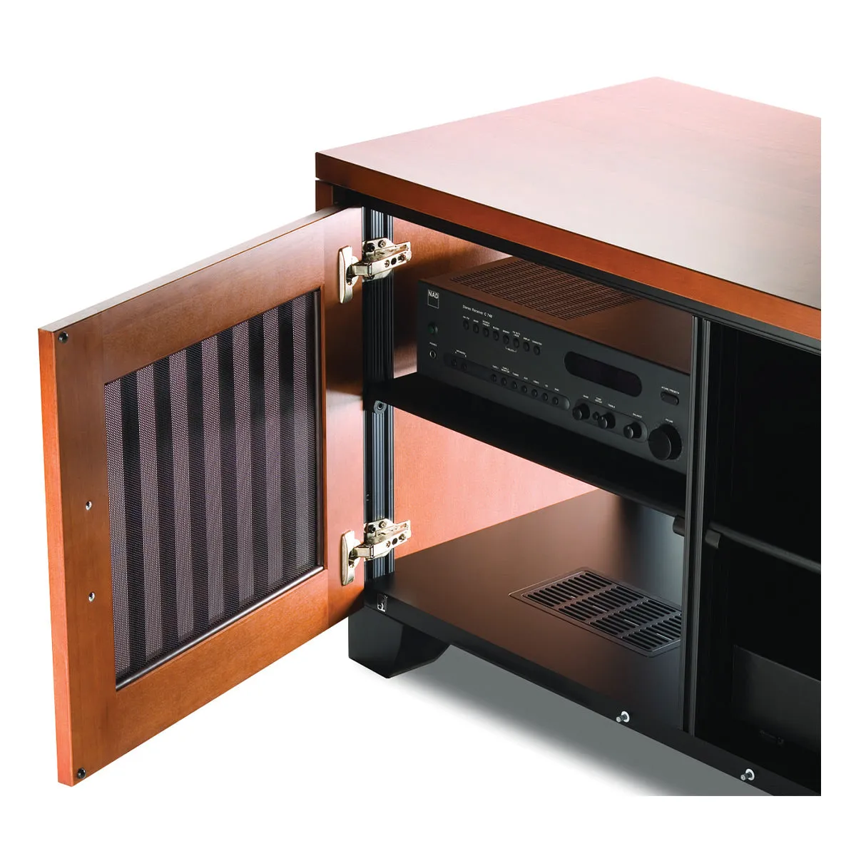 Salamander Chameleon Collection Sonoma 247 Quad AV Cabinet (American Cherry Vertical Pattern with Perforated Black Steel Inserts)