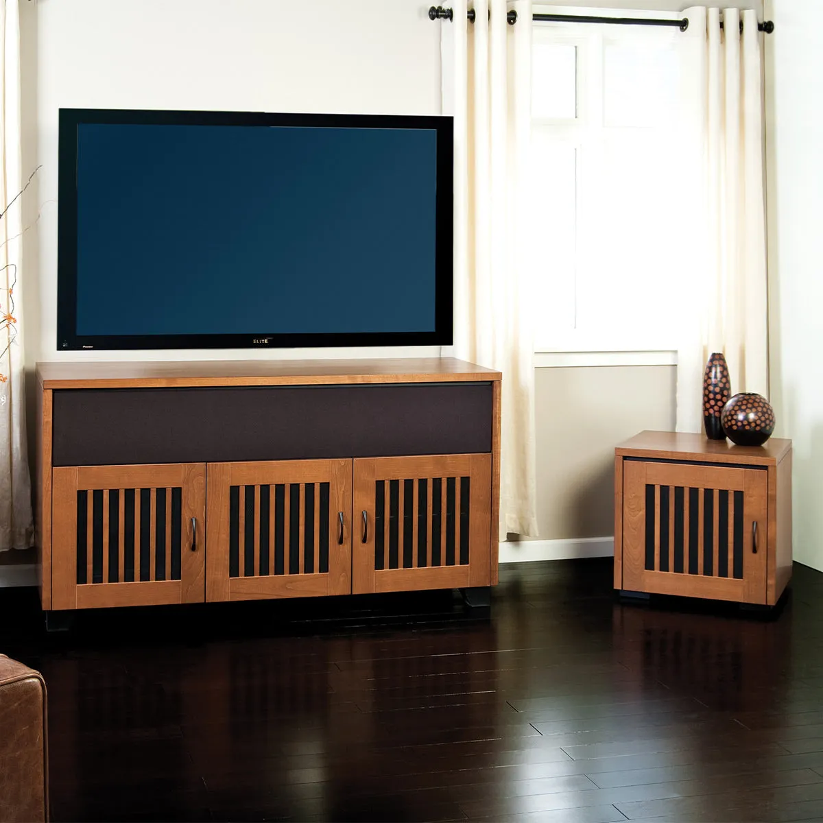 Salamander Chameleon Collection Sonoma 339 Triple Speaker Integrated Cabinet (American Cherry Vertical Pattern with Perforated Black Steel Inserts)