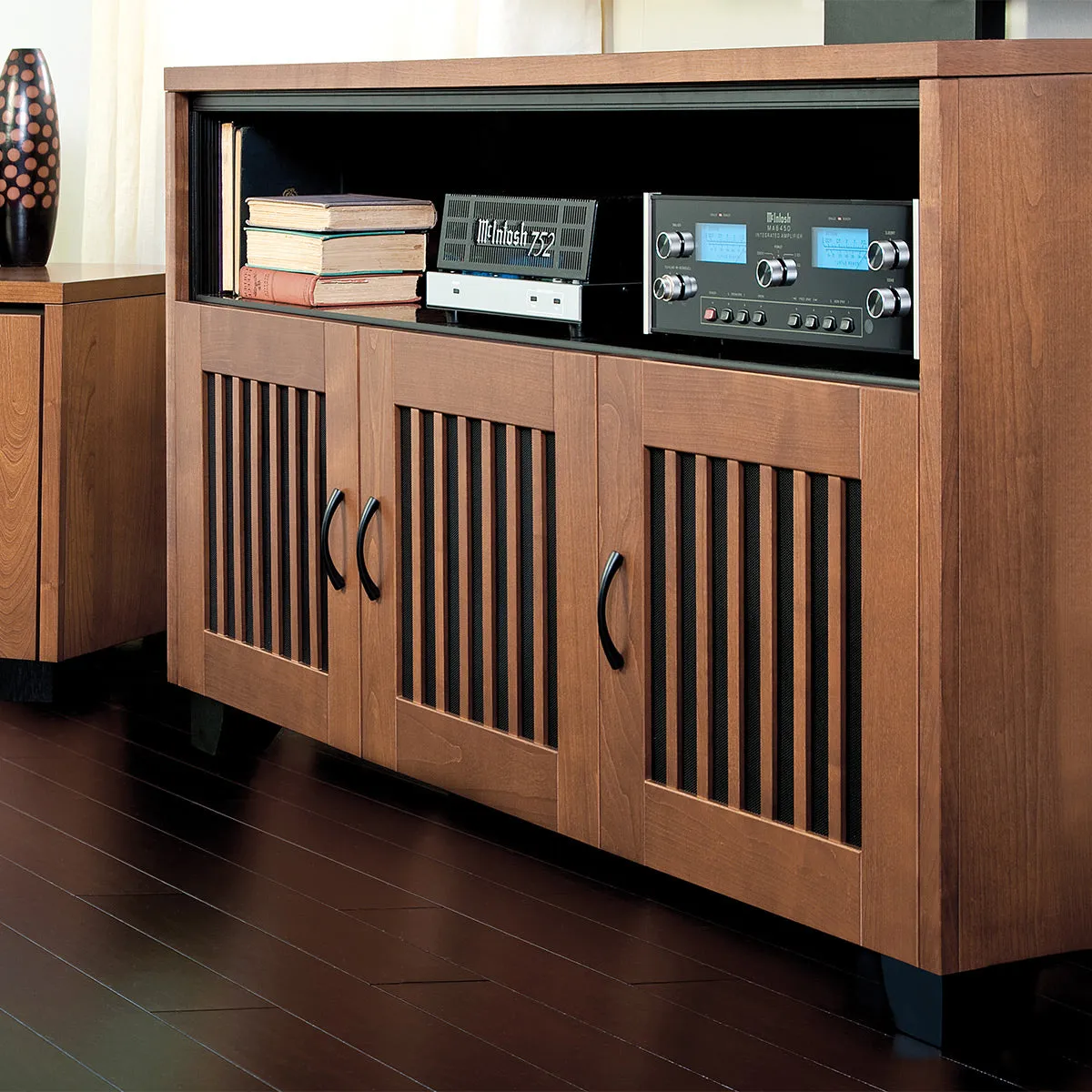 Salamander Chameleon Collection Sonoma 339 Triple Speaker Integrated Cabinet (American Cherry Vertical Pattern with Perforated Black Steel Inserts)