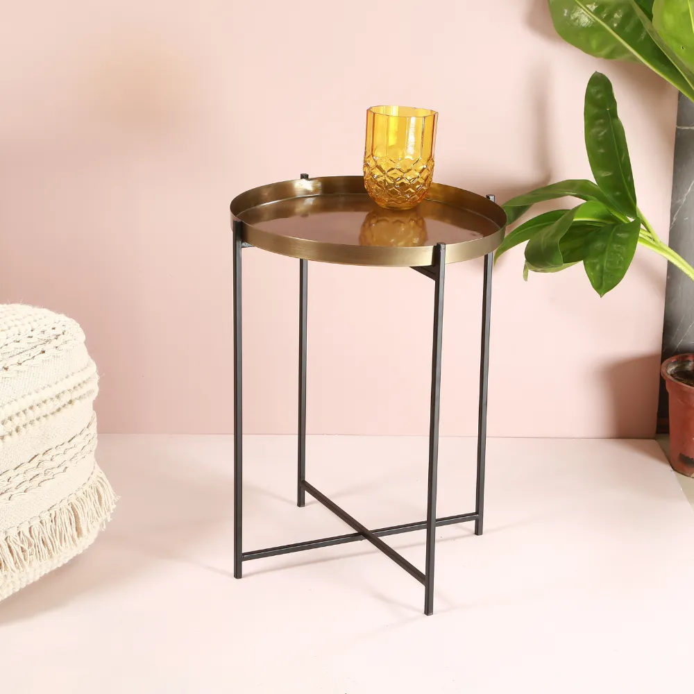 Side Tray Table | Foldable | Brass And Iron | Modern Home Decor | 16" Round