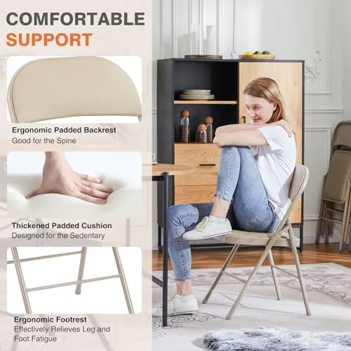 Sweetcrispy Folding Chair 2 Pack, Leather Padded Folding Chairs, Sturdy Metal Foldable Chairs, Easy to Use and Store, Outdoor and Indoor, for Home, Office, Party, Comfy, Kahki