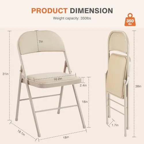 Sweetcrispy Folding Chair 2 Pack, Leather Padded Folding Chairs, Sturdy Metal Foldable Chairs, Easy to Use and Store, Outdoor and Indoor, for Home, Office, Party, Comfy, Kahki