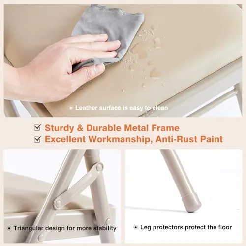 Sweetcrispy Folding Chair 2 Pack, Leather Padded Folding Chairs, Sturdy Metal Foldable Chairs, Easy to Use and Store, Outdoor and Indoor, for Home, Office, Party, Comfy, Kahki