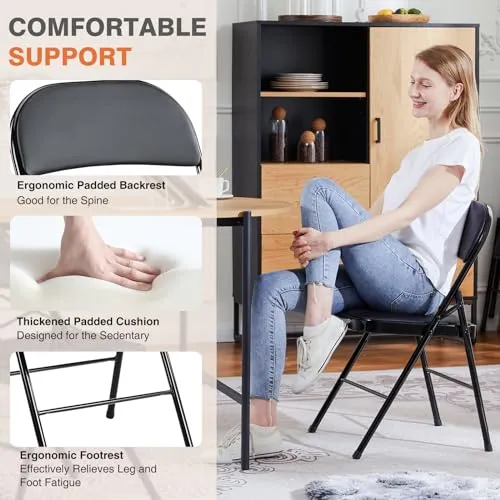 Sweetcrispy Folding Chair 4 Pack, Leather Padded Folding Chairs, Sturdy Metal Foldable Chairs, Easy to Use and Store, Outdoor and Indoor, for Home, Office, Party, Comfy, Black