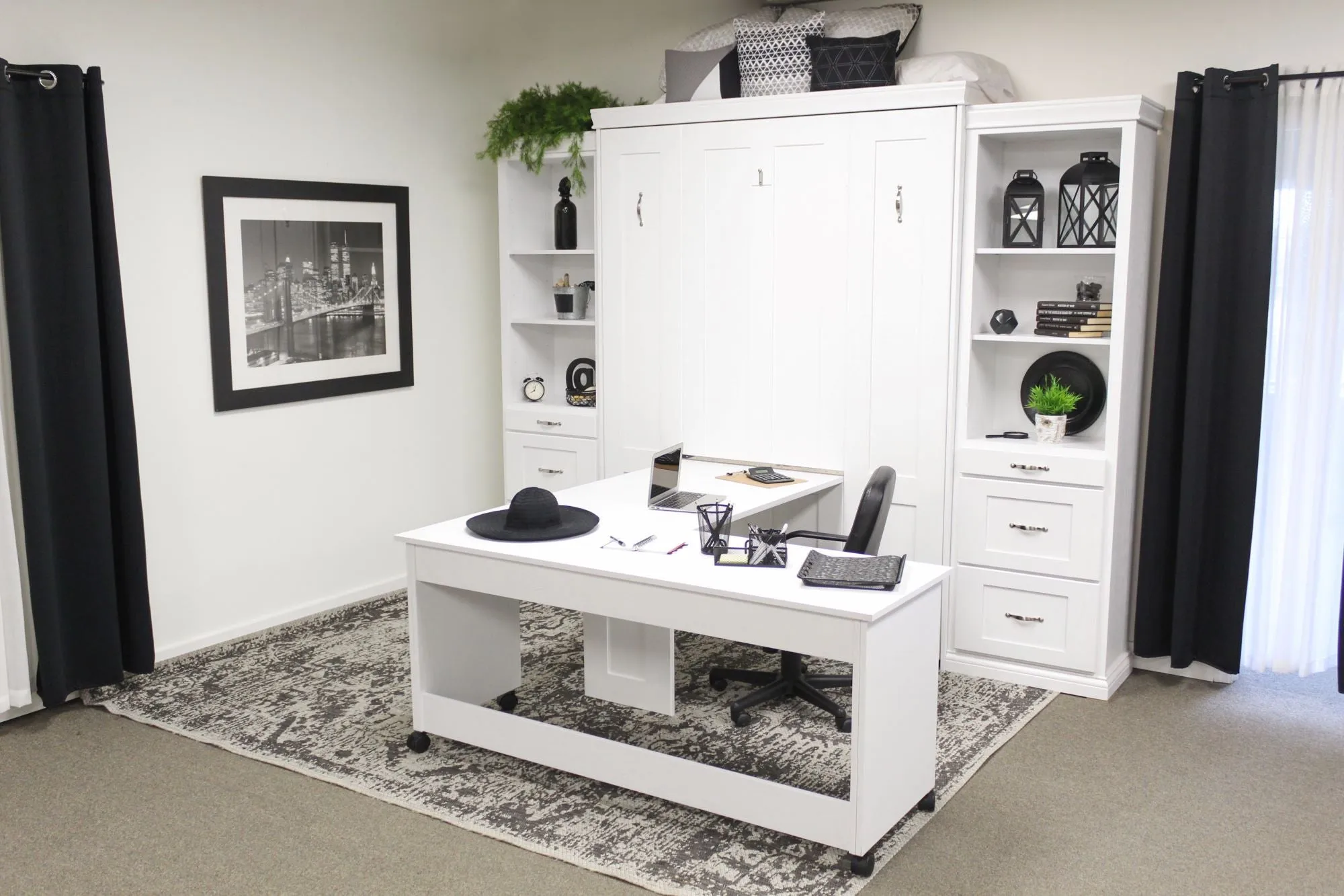 Table Face Murphy Bed Vertical Queen Oak Painted White With Side Cabinets and Roll Desk Discounted
