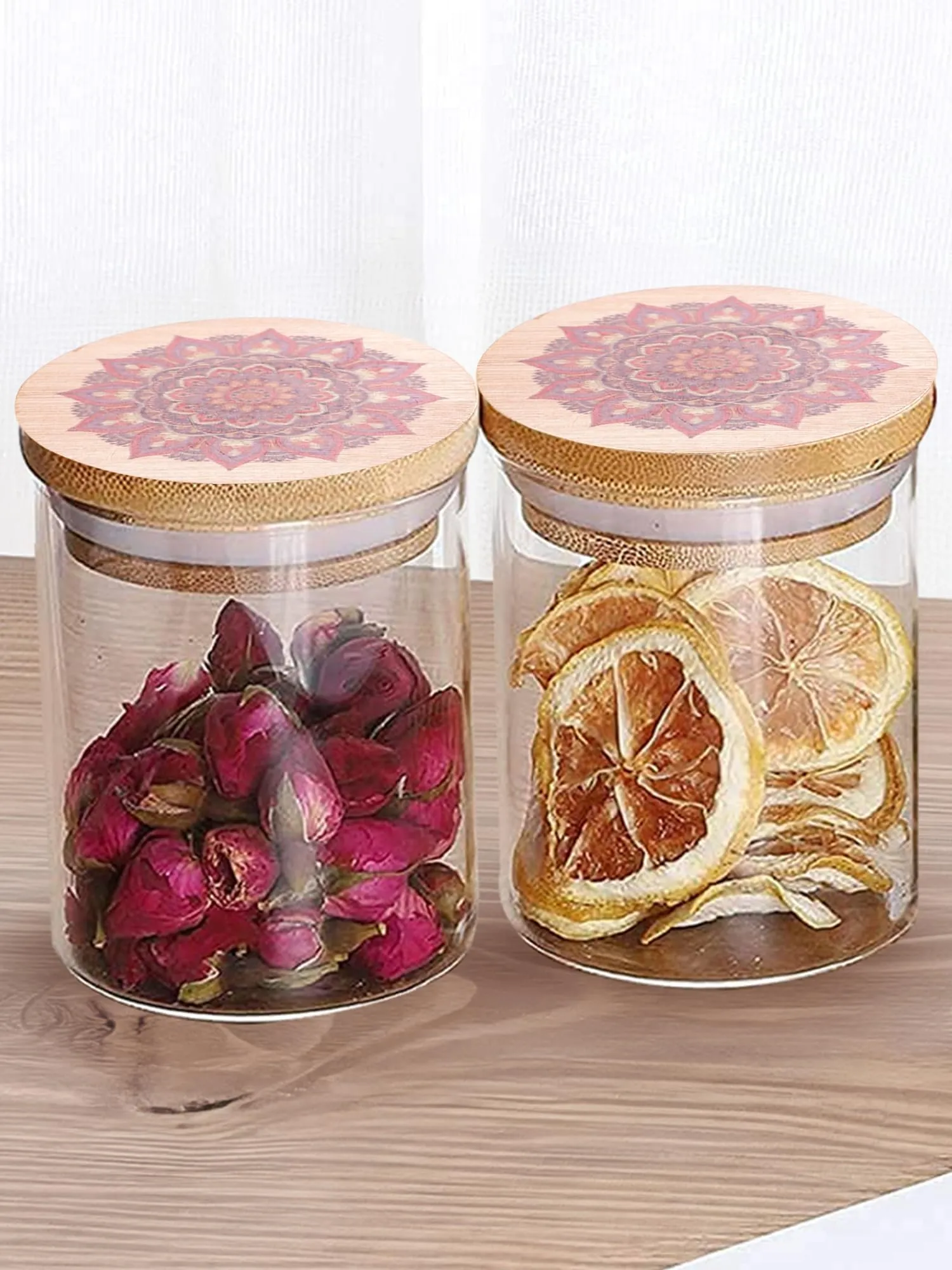 The Better Home Borosilicate Kitchen Containers with Bamboo Lid (2Pcs - 300 ml Each)| Airtight Jar For Kitchen Storage Box | Glass Jars For Cookies, Snack, Spices, Tea | Jars & Containers Set (Red)