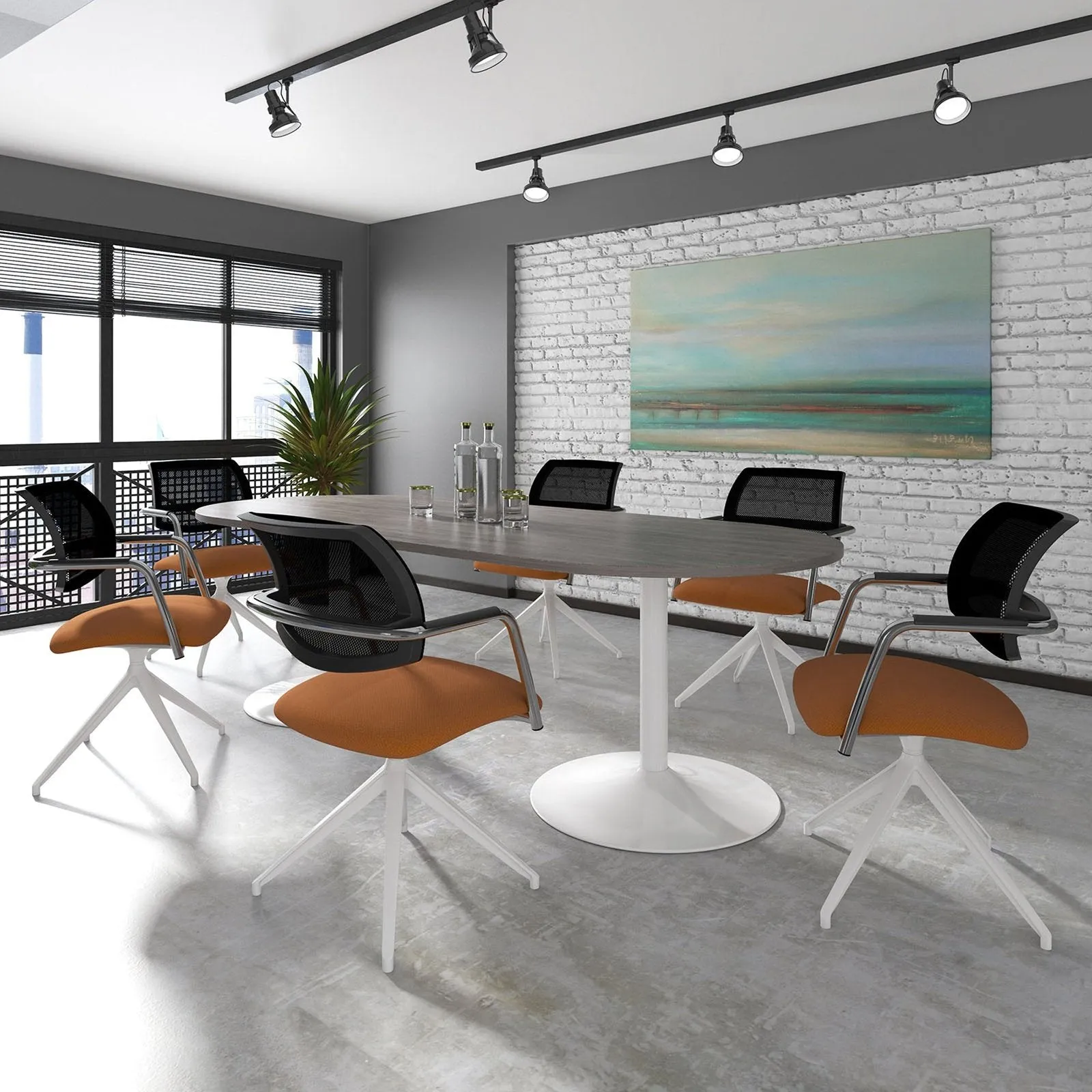 Trumpet base rectangular boardroom table with central cutout