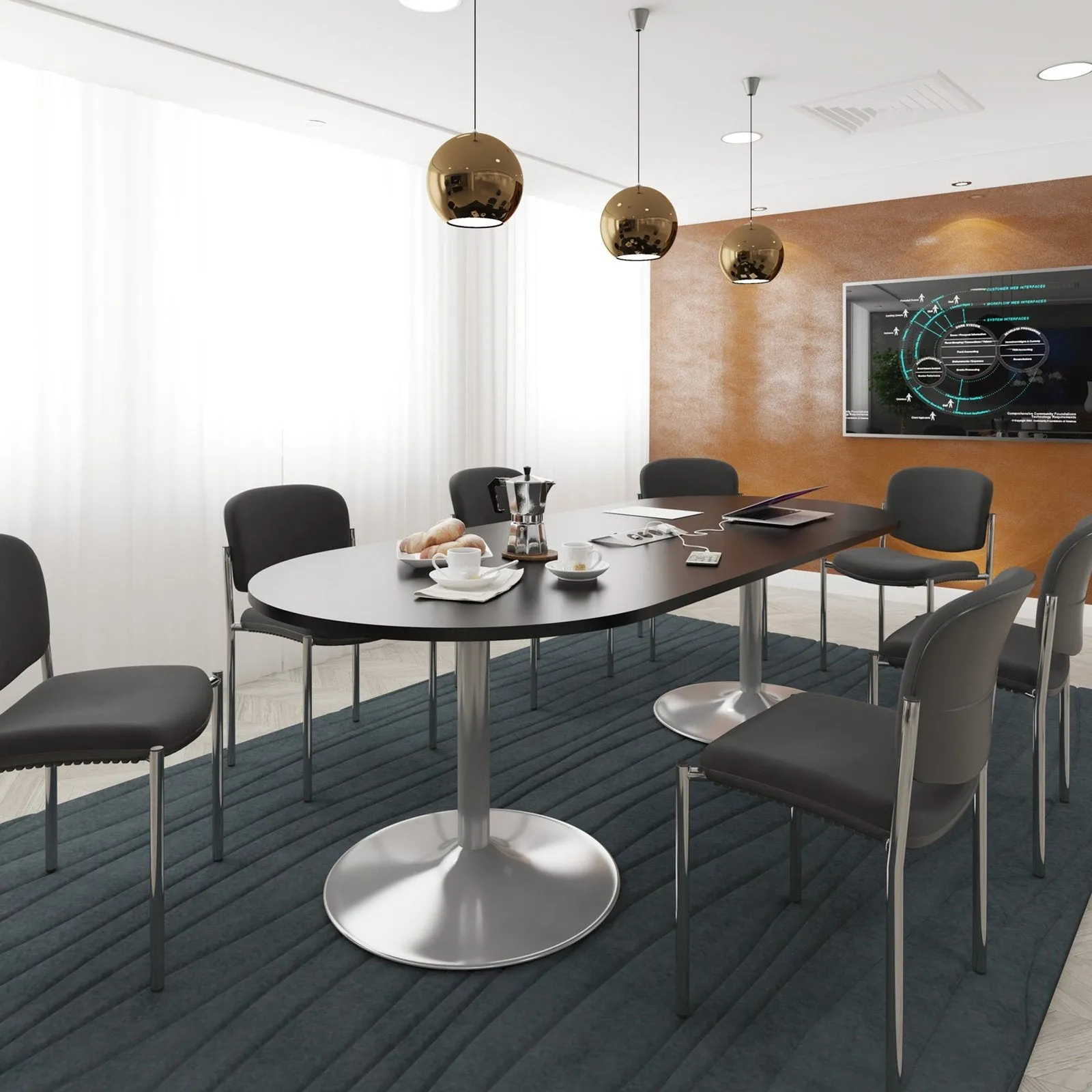 Trumpet base rectangular boardroom table with central cutout