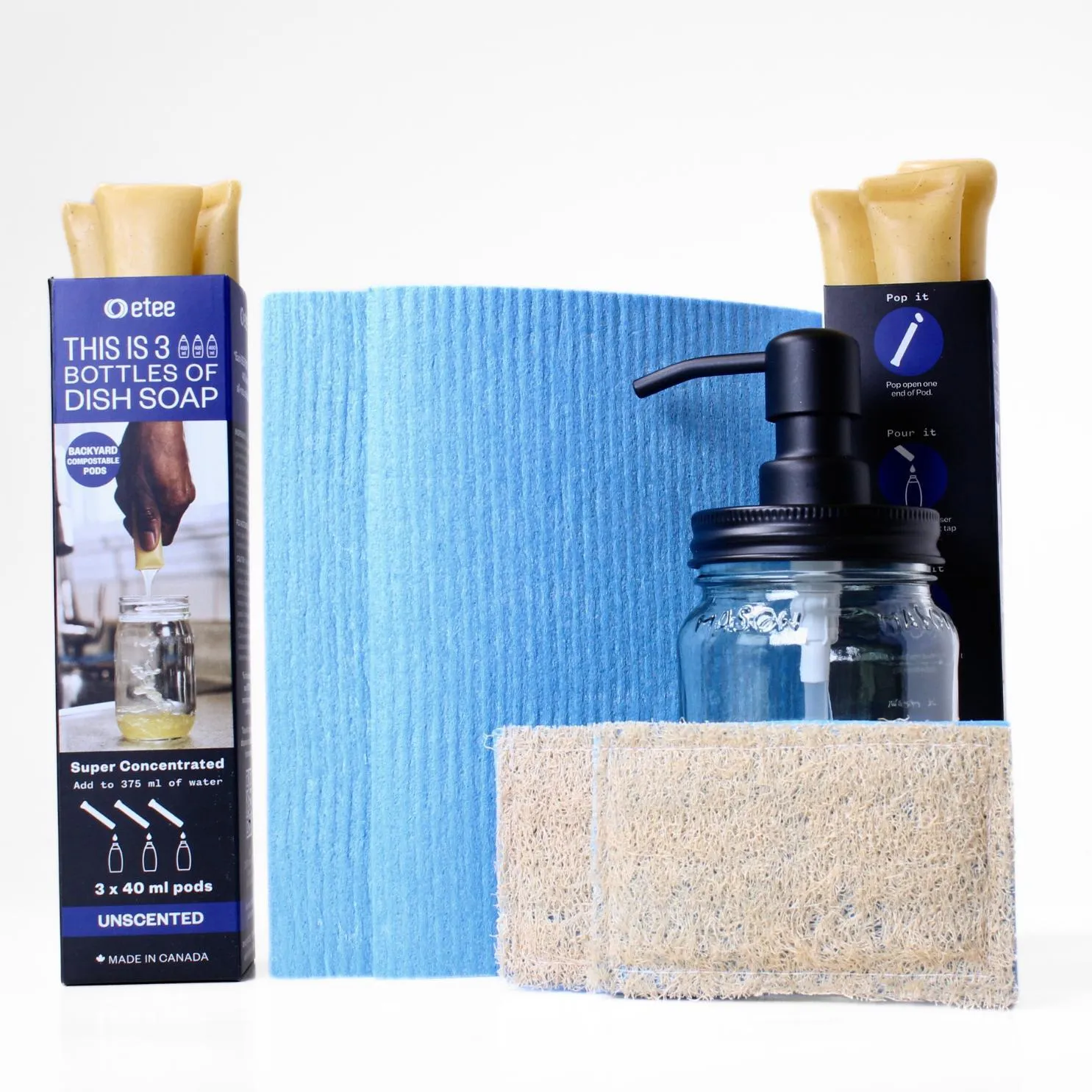 Unscented Dishwashing Kit - Unscented Dish Soap, Cellulose Cloth, Loofie Scrubber & Glass Dispenser