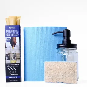 Unscented Dishwashing Kit - Unscented Dish Soap, Cellulose Cloth, Loofie Scrubber & Glass Dispenser