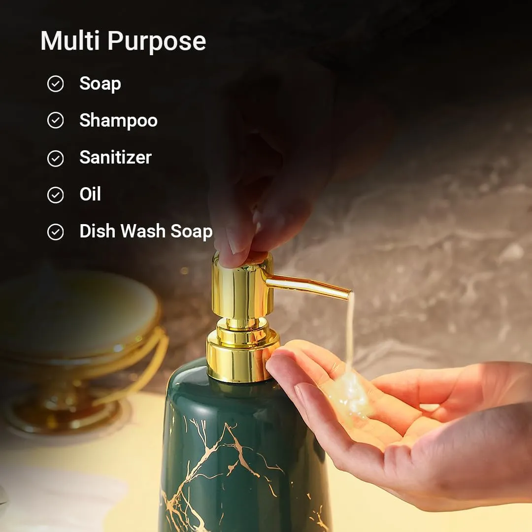 USHA SHRIRAM 260ml Soap Dispenser Bottle | Ceramic Soap & Lotion Dispenser Set | Kitchen Dish Soap Pump Dispenser Set | Hand Shower Washing Soap Dispenser (Design1 - Green, Pack of 2)