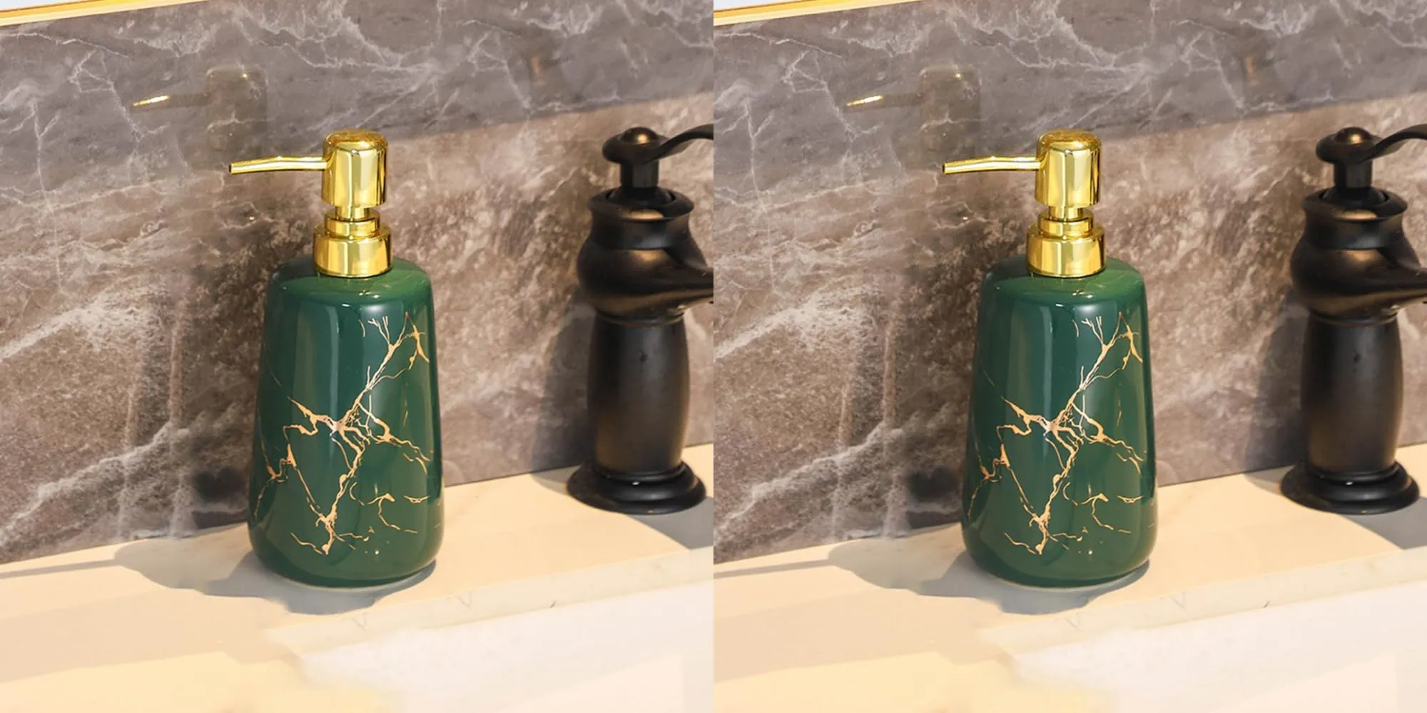 USHA SHRIRAM 260ml Soap Dispenser Bottle | Ceramic Soap & Lotion Dispenser Set | Kitchen Dish Soap Pump Dispenser Set | Hand Shower Washing Soap Dispenser (Design1 - Green, Pack of 2)