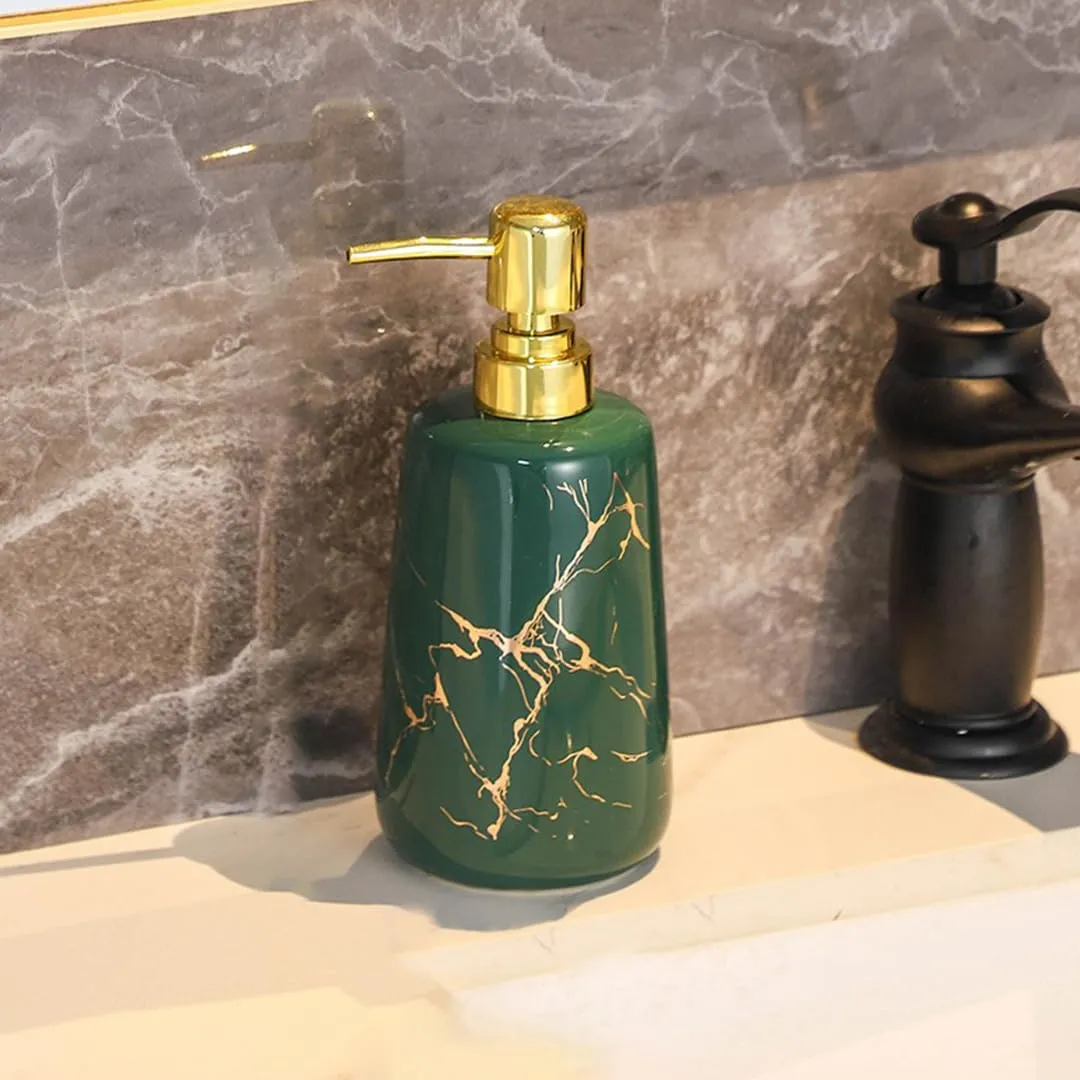 USHA SHRIRAM 260ml Soap Dispenser Bottle | Ceramic Soap & Lotion Dispenser Set | Kitchen Dish Soap Pump Dispenser Set | Hand Shower Washing Soap Dispenser (Design1 - Green, Pack of 2)