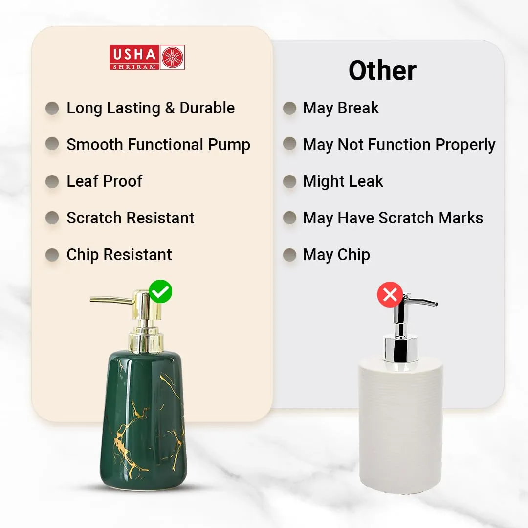USHA SHRIRAM 260ml Soap Dispenser Bottle | Ceramic Soap & Lotion Dispenser Set | Kitchen Dish Soap Pump Dispenser Set | Hand Shower Washing Soap Dispenser (Design1 - Green, Pack of 2)