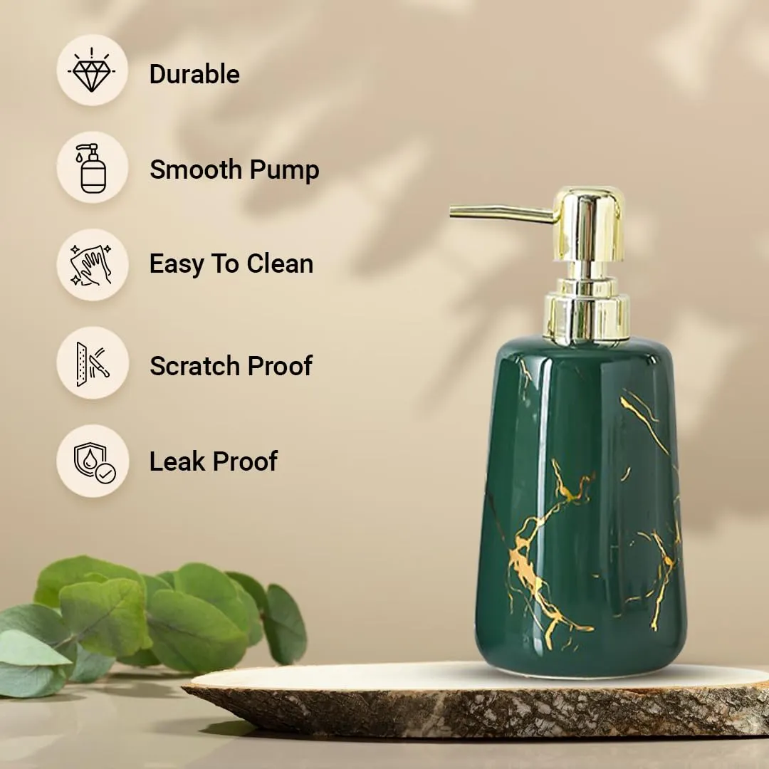 USHA SHRIRAM 260ml Soap Dispenser Bottle | Ceramic Soap & Lotion Dispenser Set | Kitchen Dish Soap Pump Dispenser Set | Hand Shower Washing Soap Dispenser (Design1 - Green, Pack of 2)