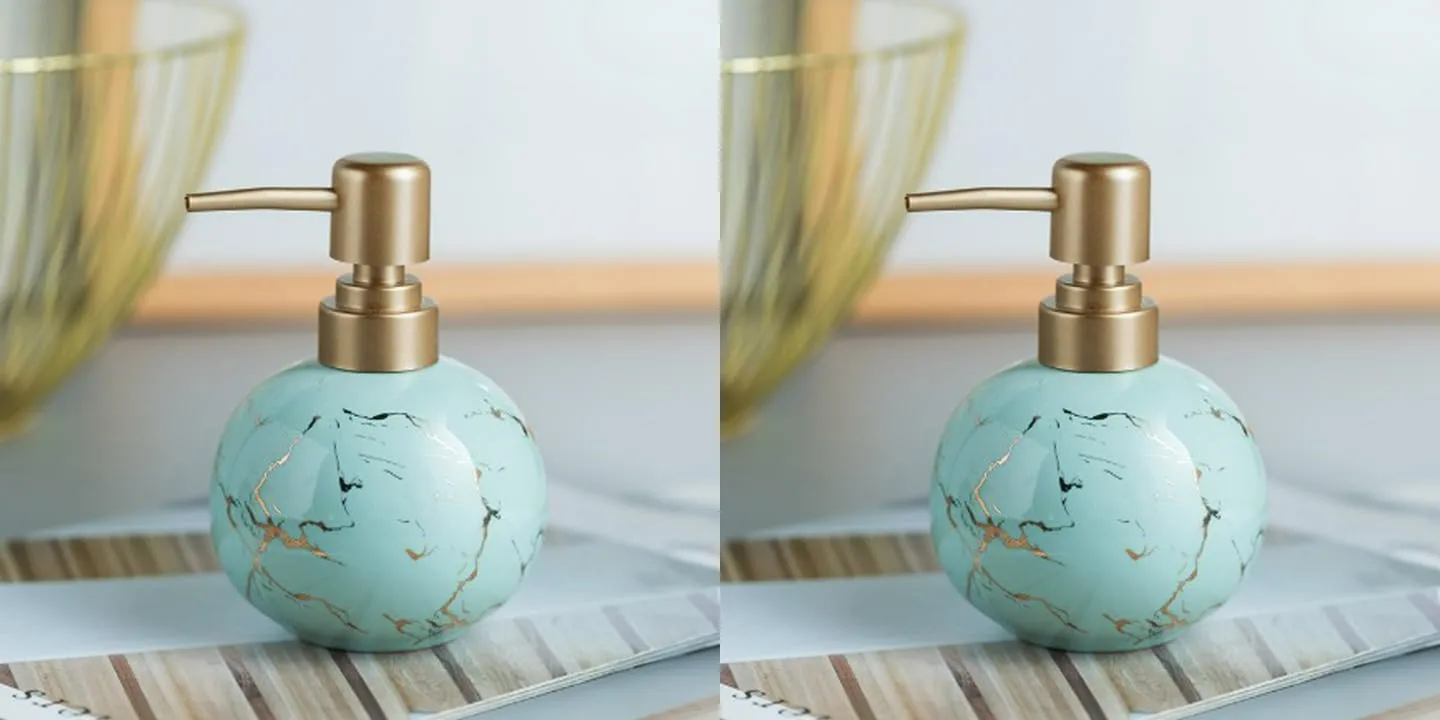 USHA SHRIRAM 300ml Soap Dispenser Bottle | Ceramic Soap & Lotion Dispenser Set | Kitchen Dish Soap Pump Dispenser Set | Hand Shower Washing Soap Dispenser (Design 1 - Blue, Pack of 2)