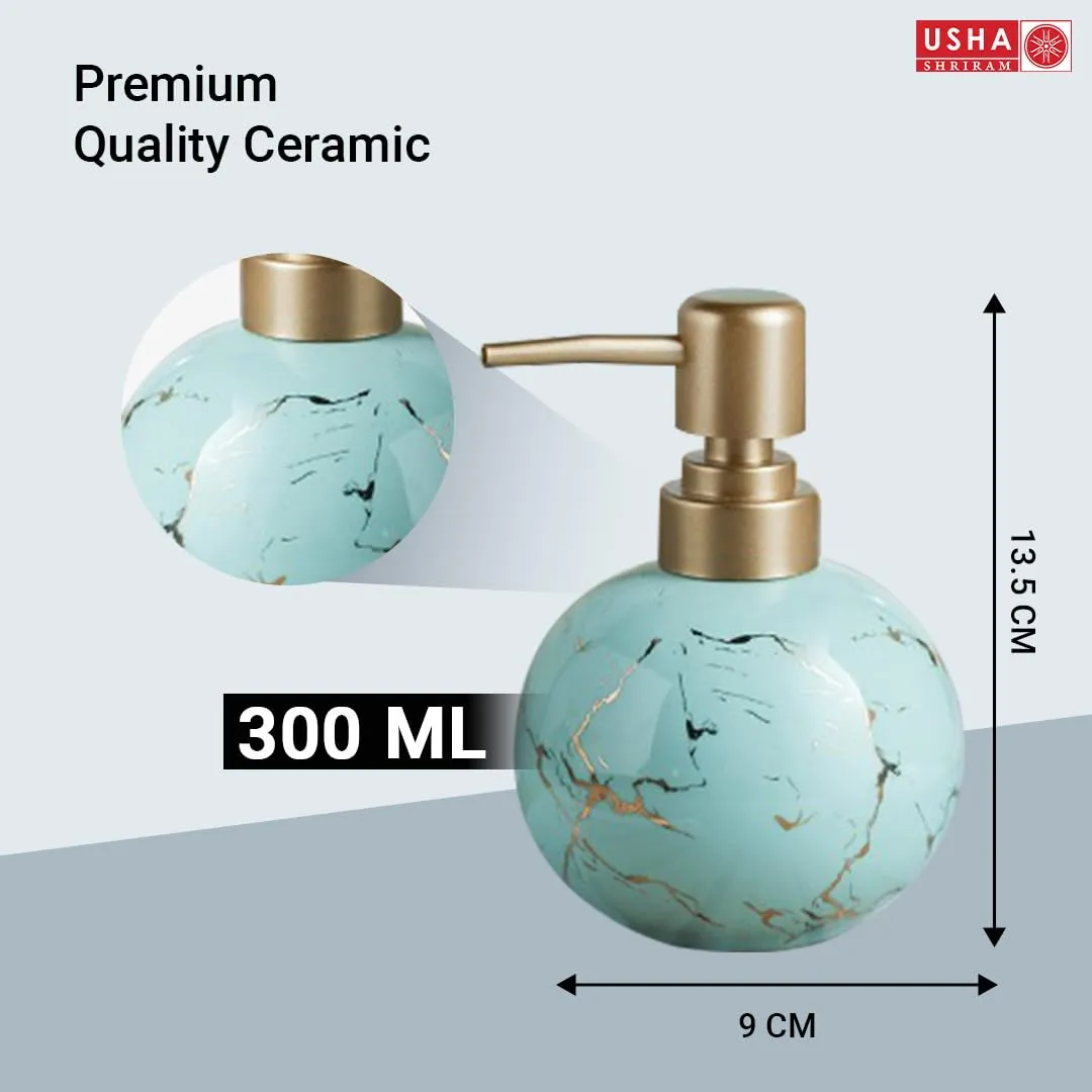 USHA SHRIRAM 300ml Soap Dispenser Bottle | Ceramic Soap & Lotion Dispenser Set | Kitchen Dish Soap Pump Dispenser Set | Hand Shower Washing Soap Dispenser (Design 1 - Blue, Pack of 2)