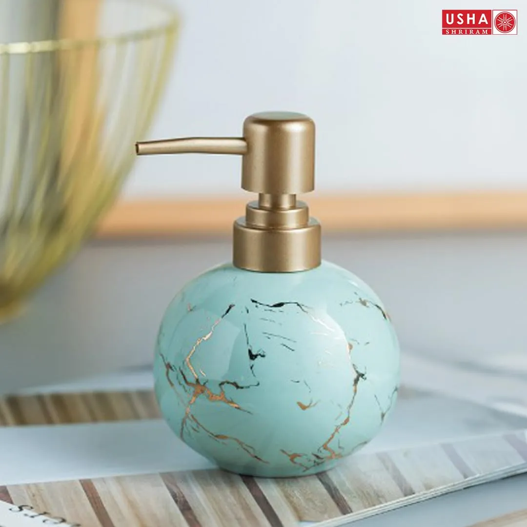USHA SHRIRAM 300ml Soap Dispenser Bottle | Ceramic Soap & Lotion Dispenser Set | Kitchen Dish Soap Pump Dispenser Set | Hand Shower Washing Soap Dispenser (Design 1 - Blue, Pack of 2)
