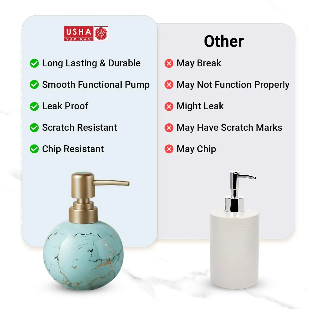 USHA SHRIRAM 300ml Soap Dispenser Bottle | Ceramic Soap & Lotion Dispenser Set | Kitchen Dish Soap Pump Dispenser Set | Hand Shower Washing Soap Dispenser (Design 1 - Blue, Pack of 2)