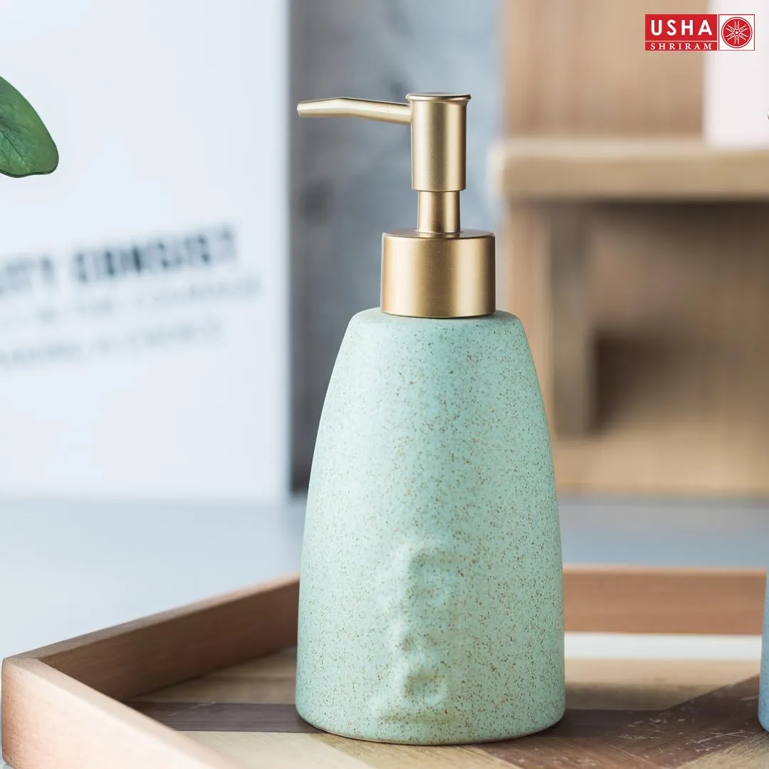 USHA SHRIRAM 320ml Soap Dispenser Bottle | Ceramic Soap & Lotion Dispenser Set | Kitchen Dish Soap Pump Dispenser Set | Hand Shower Washing Soap Dispenser (Design 1 - Green, Pack of 4)