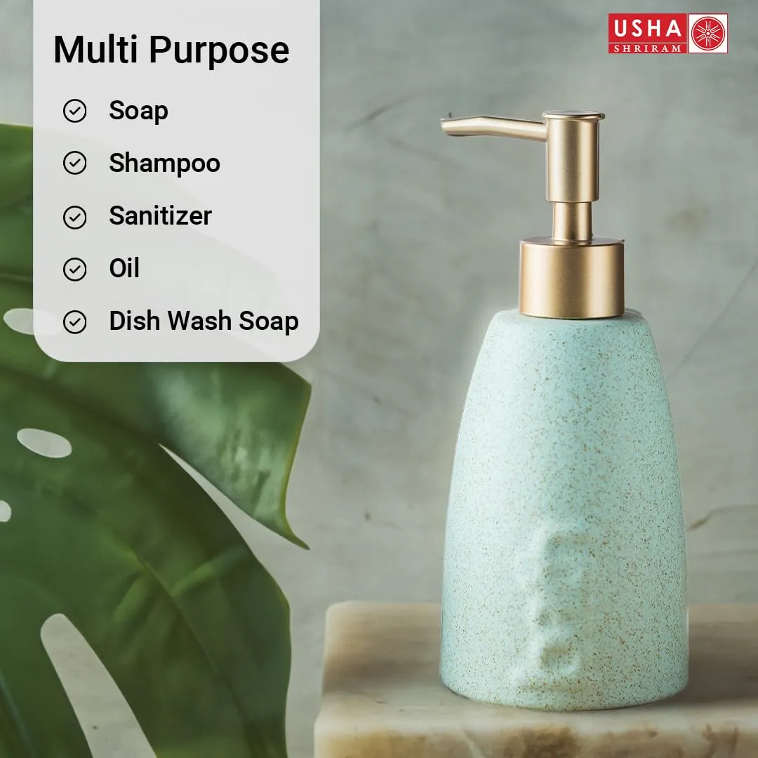 USHA SHRIRAM 320ml Soap Dispenser Bottle | Ceramic Soap & Lotion Dispenser Set | Kitchen Dish Soap Pump Dispenser Set | Hand Shower Washing Soap Dispenser (Design 1 - Green, Pack of 4)