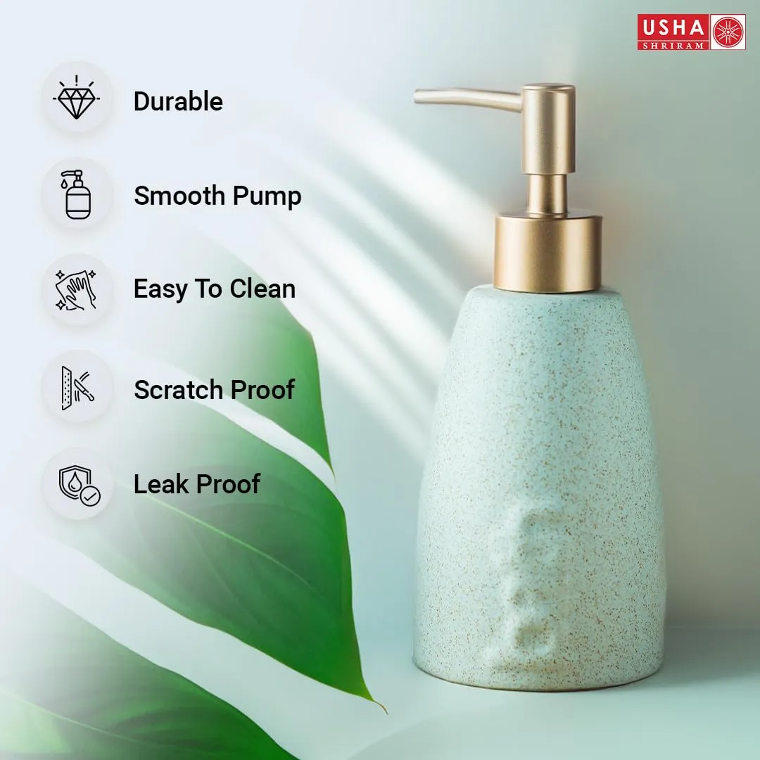 USHA SHRIRAM 320ml Soap Dispenser Bottle | Ceramic Soap & Lotion Dispenser Set | Kitchen Dish Soap Pump Dispenser Set | Hand Shower Washing Soap Dispenser (Design 1 - Green, Pack of 4)