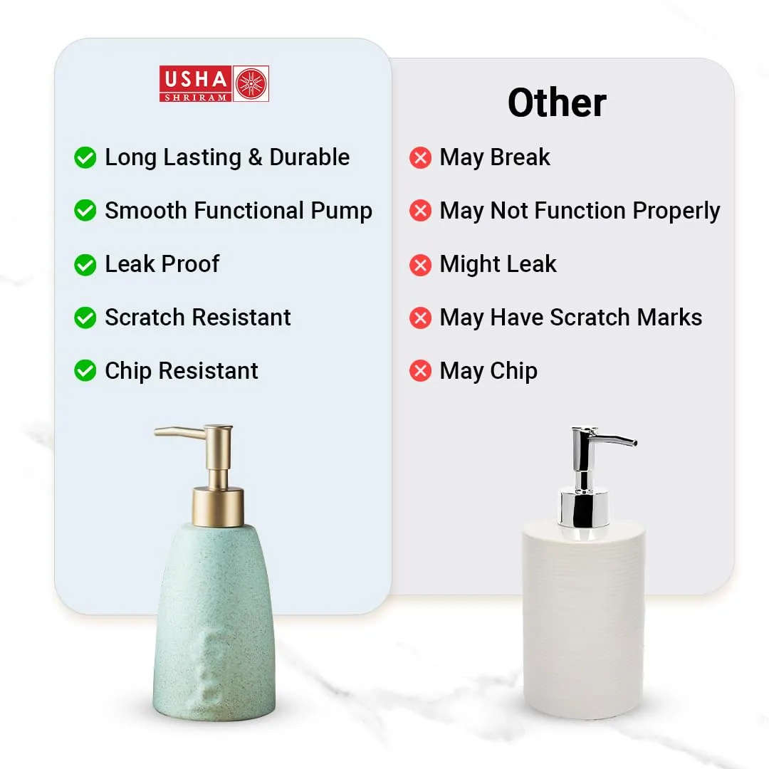 USHA SHRIRAM 320ml Soap Dispenser Bottle | Ceramic Soap & Lotion Dispenser Set | Kitchen Dish Soap Pump Dispenser Set | Hand Shower Washing Soap Dispenser (Design 1 - Green, Pack of 4)