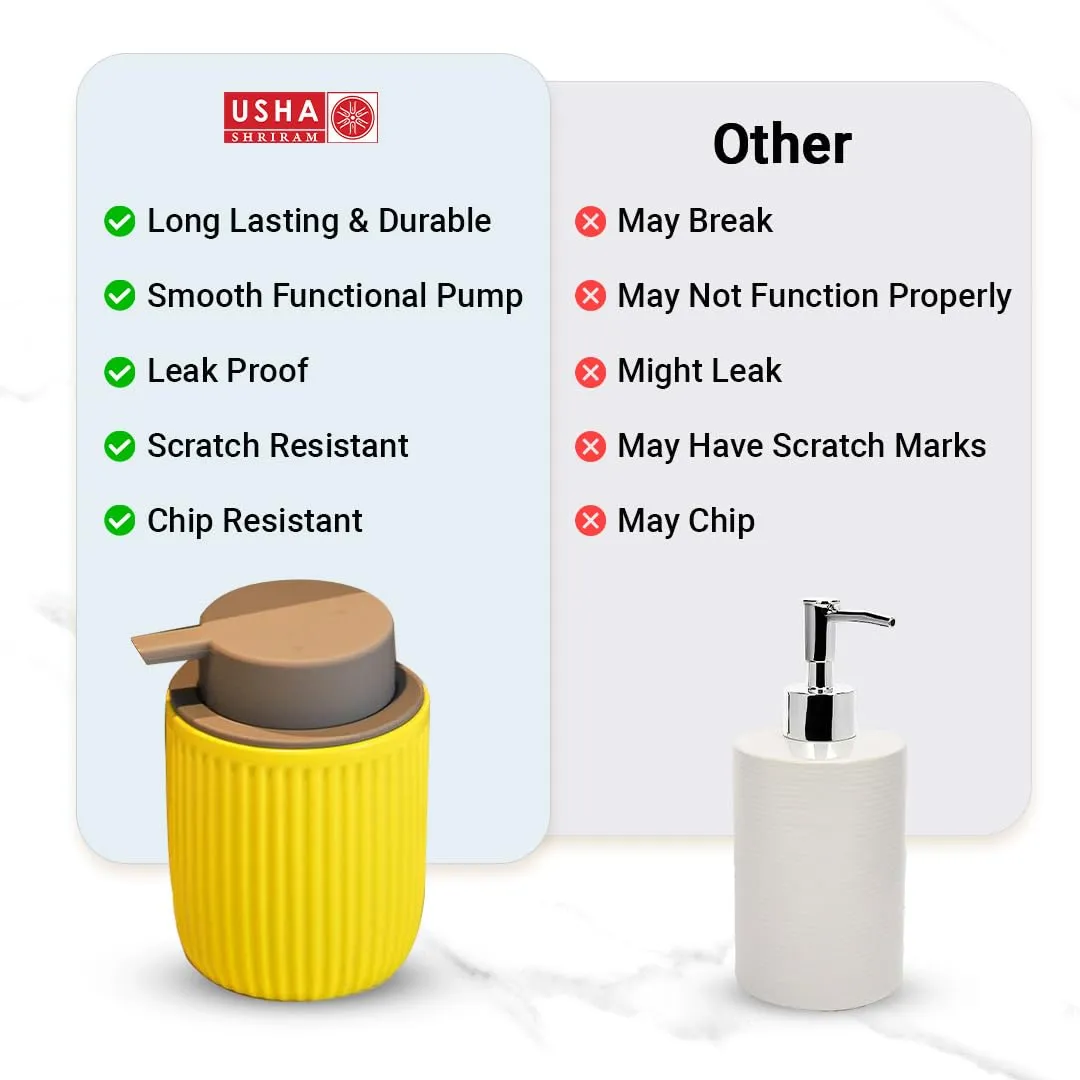 USHA SHRIRAM 320ml Soap Dispenser Bottle | Ceramic Soap & Lotion Dispenser Set | Kitchen Dish Soap Pump Dispenser Set | Hand Shower Washing Soap Dispenser (Design 2 - Yellow, Pack of 4)