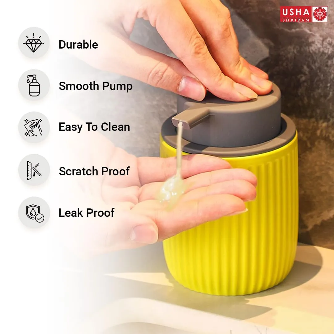 USHA SHRIRAM 320ml Soap Dispenser Bottle | Ceramic Soap & Lotion Dispenser Set | Kitchen Dish Soap Pump Dispenser Set | Hand Shower Washing Soap Dispenser (Design 2 - Yellow, Pack of 4)
