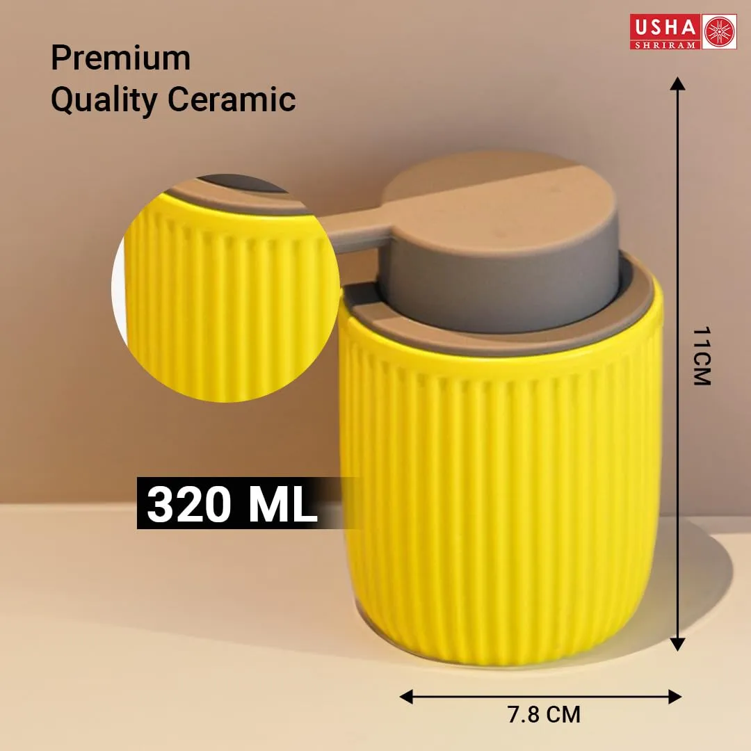 USHA SHRIRAM 320ml Soap Dispenser Bottle | Ceramic Soap & Lotion Dispenser Set | Kitchen Dish Soap Pump Dispenser Set | Hand Shower Washing Soap Dispenser (Design 2 - Yellow, Pack of 4)