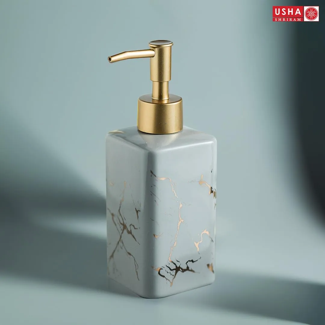 USHA SHRIRAM 320ml Soap Dispenser Bottle | Ceramic Soap & Lotion Dispenser Set | Kitchen Dish Soap Pump Dispenser Set | Hand Shower Washing Soap Dispenser (Design 3 - Grey, Pack of 2)