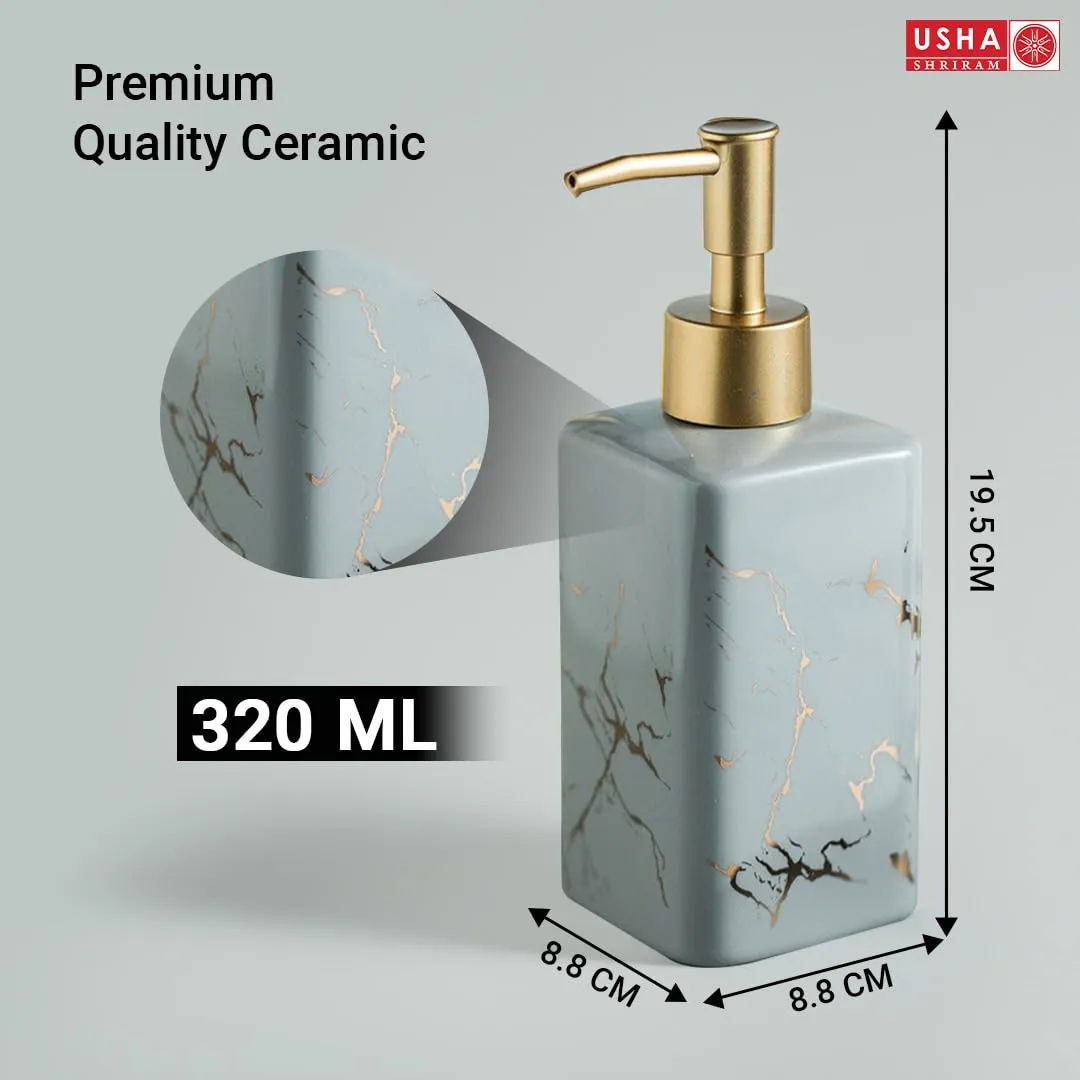 USHA SHRIRAM 320ml Soap Dispenser Bottle | Ceramic Soap & Lotion Dispenser Set | Kitchen Dish Soap Pump Dispenser Set | Hand Shower Washing Soap Dispenser (Design 3 - Grey, Pack of 2)