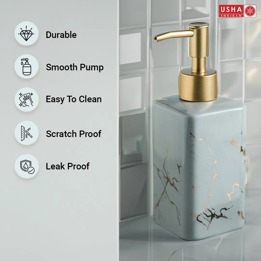 USHA SHRIRAM 320ml Soap Dispenser Bottle | Ceramic Soap & Lotion Dispenser Set | Kitchen Dish Soap Pump Dispenser Set | Hand Shower Washing Soap Dispenser (Design 3 - Grey, Pack of 2)