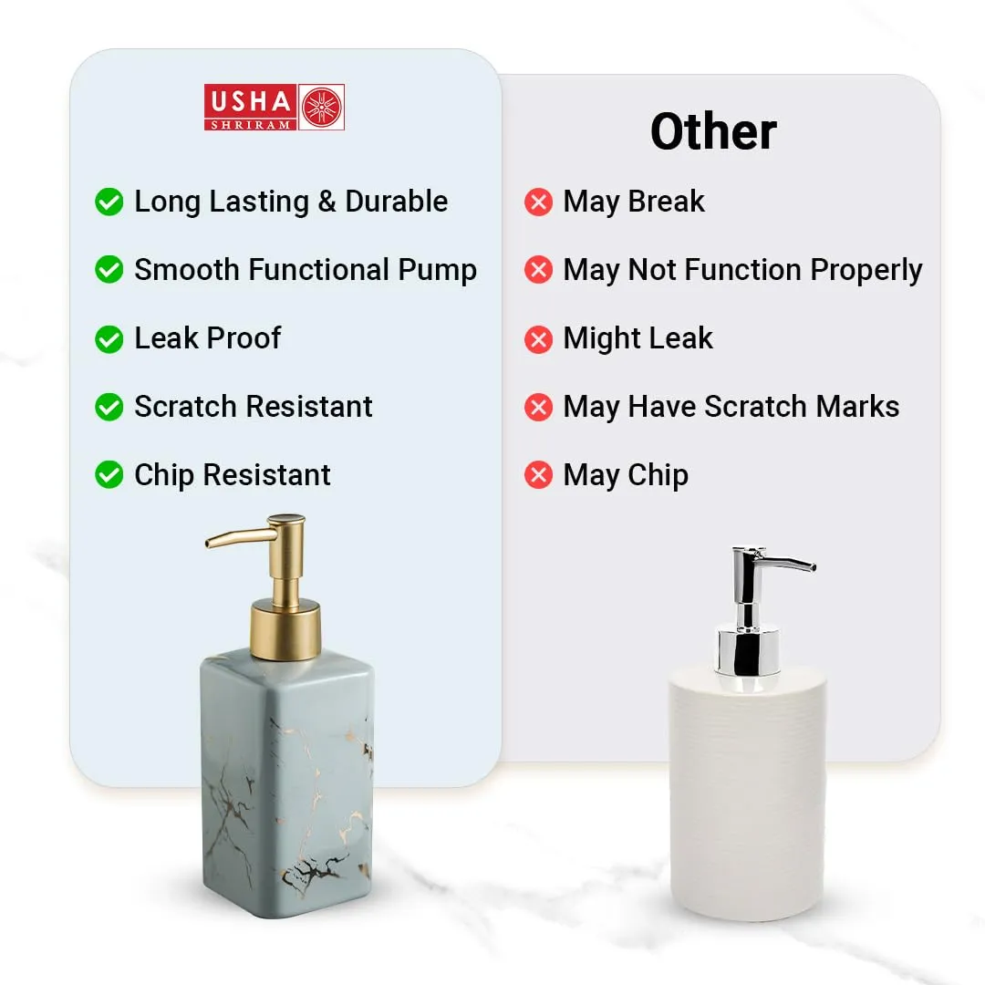 USHA SHRIRAM 320ml Soap Dispenser Bottle | Ceramic Soap & Lotion Dispenser Set | Kitchen Dish Soap Pump Dispenser Set | Hand Shower Washing Soap Dispenser (Design 3 - Grey, Pack of 2)