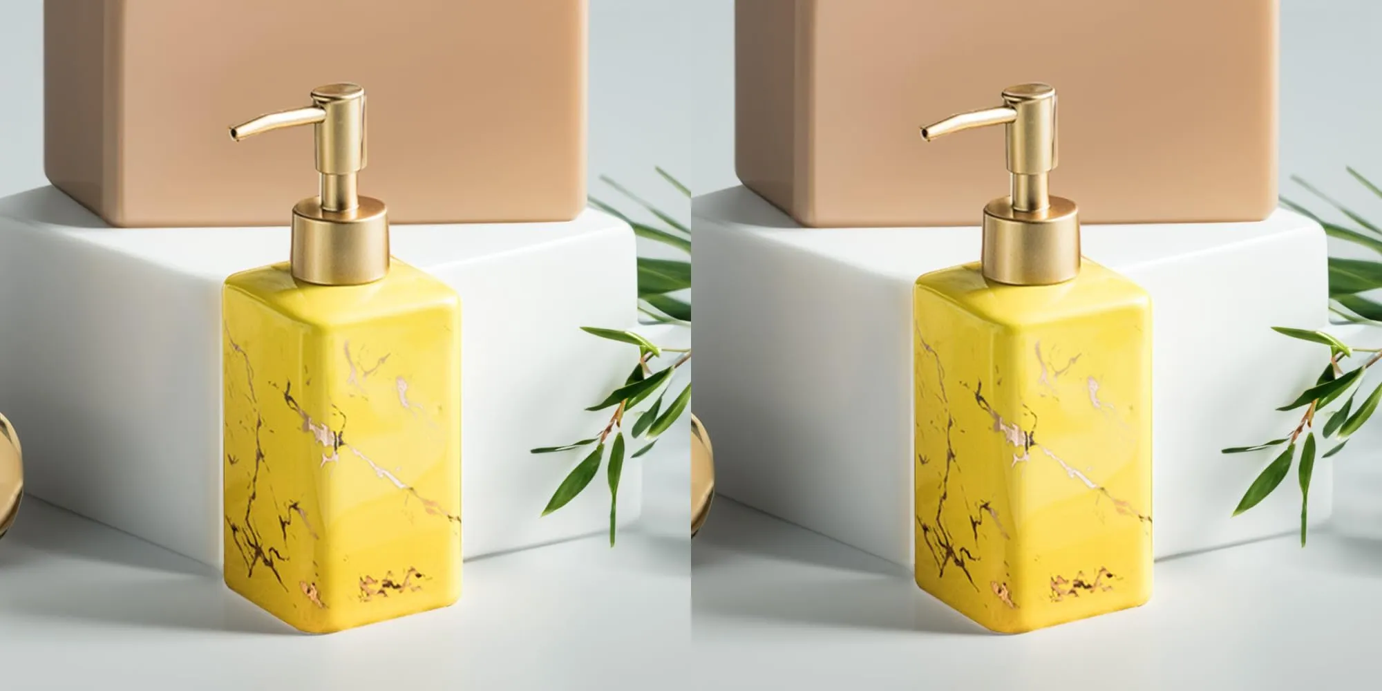 USHA SHRIRAM 320ml Soap Dispenser Bottle | Ceramic Soap & Lotion Dispenser Set | Kitchen Dish Soap Pump Dispenser Set | Hand Shower Washing Soap Dispenser (Design 3 - Yellow, Pack of 2)
