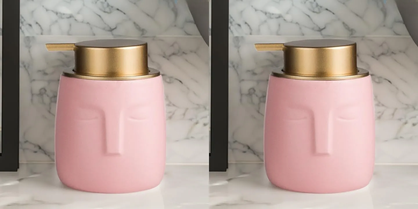 USHA SHRIRAM 350ml Soap Dispenser Bottle | Ceramic Soap & Lotion Dispenser Set | Kitchen Dish Soap Pump Dispenser Set | Hand Shower Washing Soap Dispenser (Design 1 - Pink, Pack of 2)