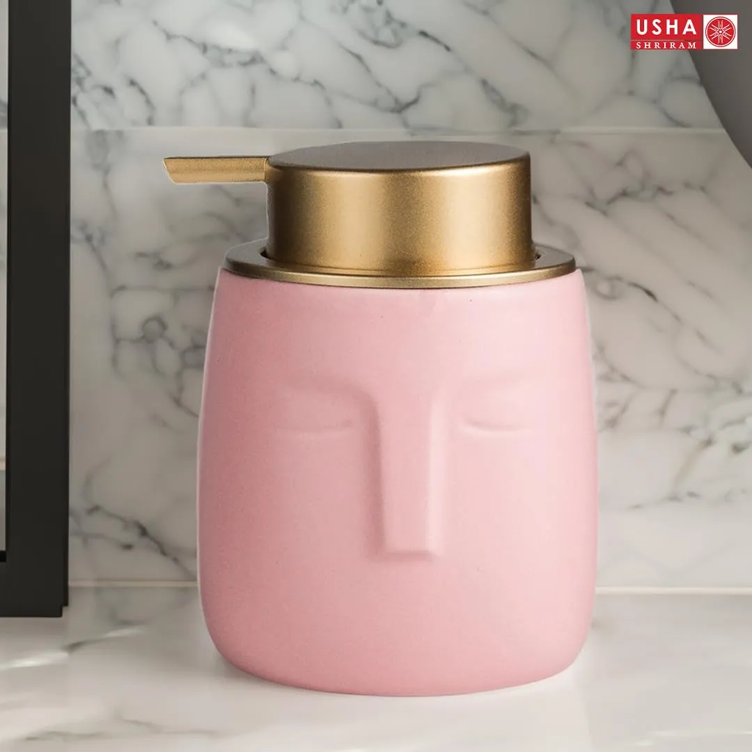 USHA SHRIRAM 350ml Soap Dispenser Bottle | Ceramic Soap & Lotion Dispenser Set | Kitchen Dish Soap Pump Dispenser Set | Hand Shower Washing Soap Dispenser (Design 1 - Pink, Pack of 2)