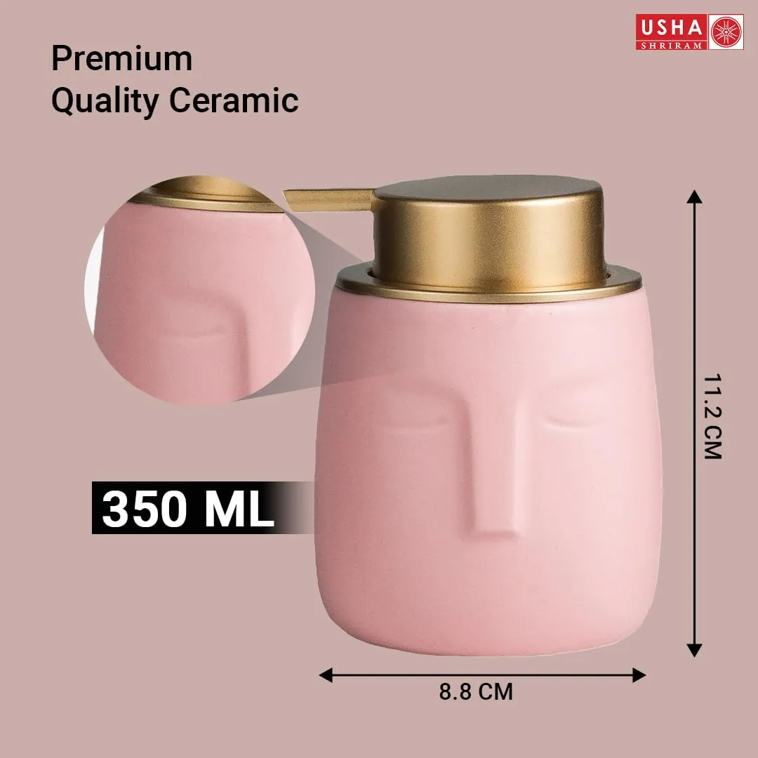 USHA SHRIRAM 350ml Soap Dispenser Bottle | Ceramic Soap & Lotion Dispenser Set | Kitchen Dish Soap Pump Dispenser Set | Hand Shower Washing Soap Dispenser (Design 1 - Pink, Pack of 2)