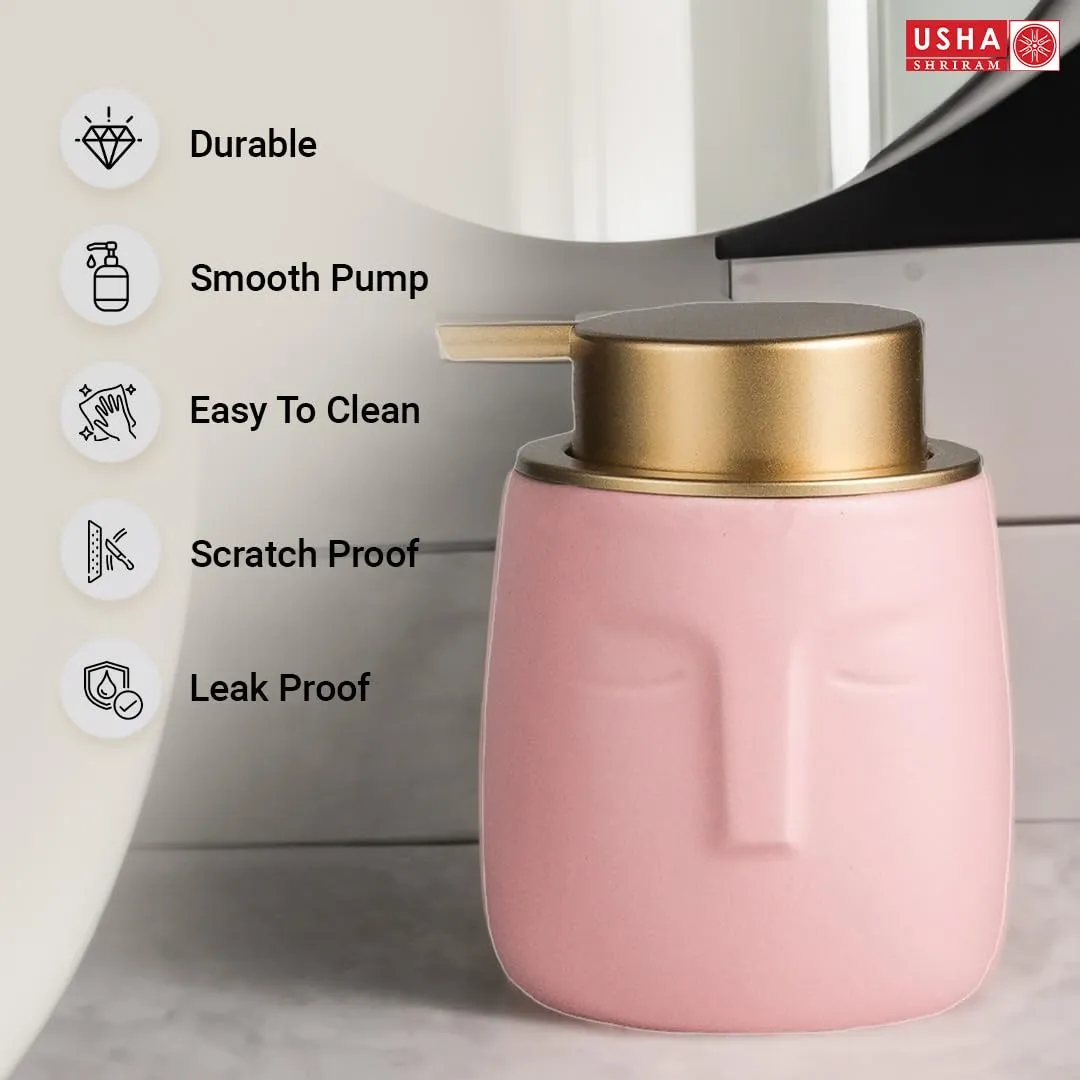 USHA SHRIRAM 350ml Soap Dispenser Bottle | Ceramic Soap & Lotion Dispenser Set | Kitchen Dish Soap Pump Dispenser Set | Hand Shower Washing Soap Dispenser (Design 1 - Pink, Pack of 4)