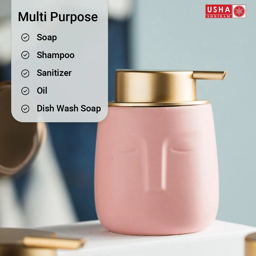 USHA SHRIRAM 350ml Soap Dispenser Bottle | Ceramic Soap & Lotion Dispenser Set | Kitchen Dish Soap Pump Dispenser Set | Hand Shower Washing Soap Dispenser (Design 1 - Pink, Pack of 4)