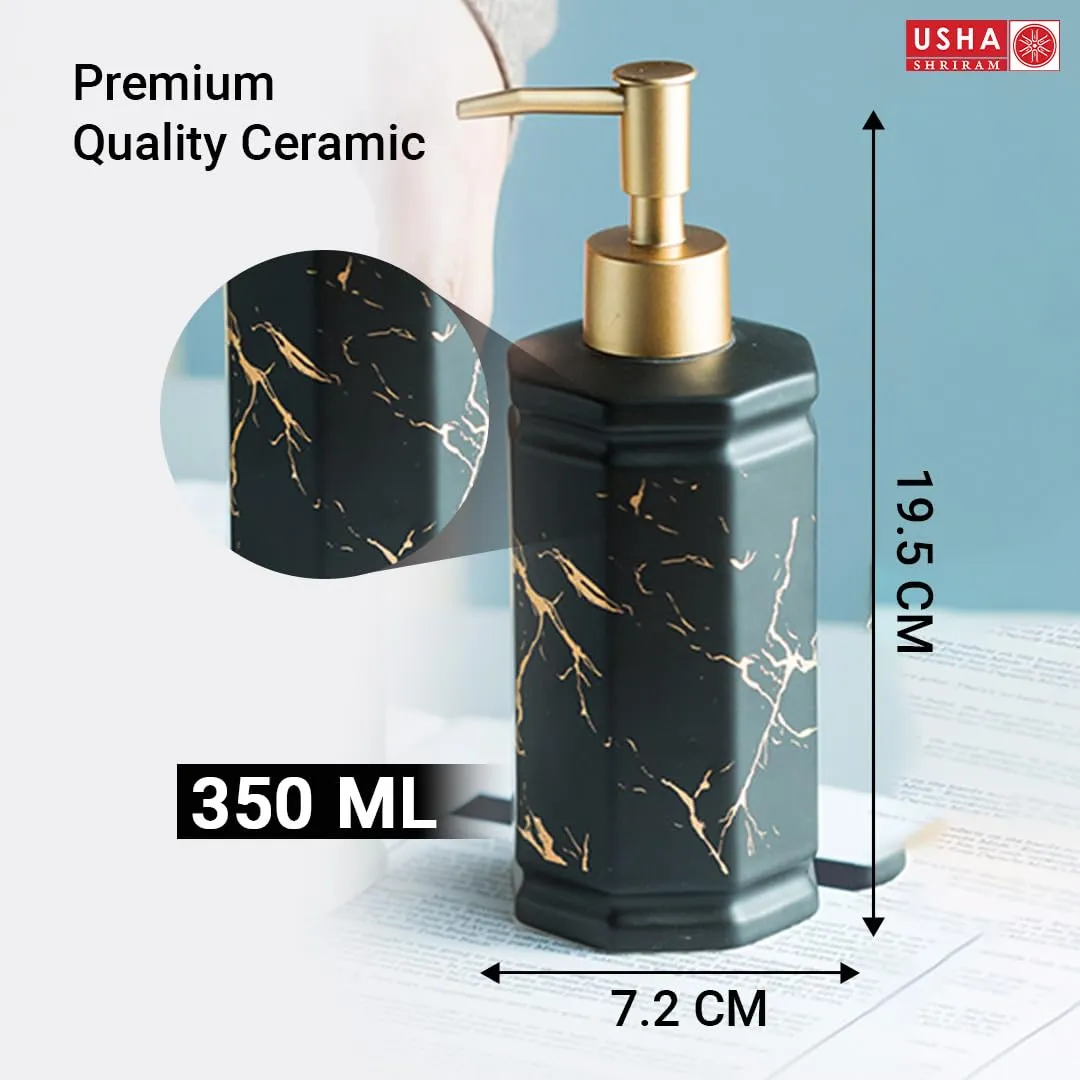 USHA SHRIRAM 350ml Soap Dispenser Bottle | Ceramic Soap & Lotion Dispenser Set | Kitchen Dish Soap Pump Dispenser Set | Hand Shower Washing Soap Dispenser (Design 2 - Black, Pack of 2)