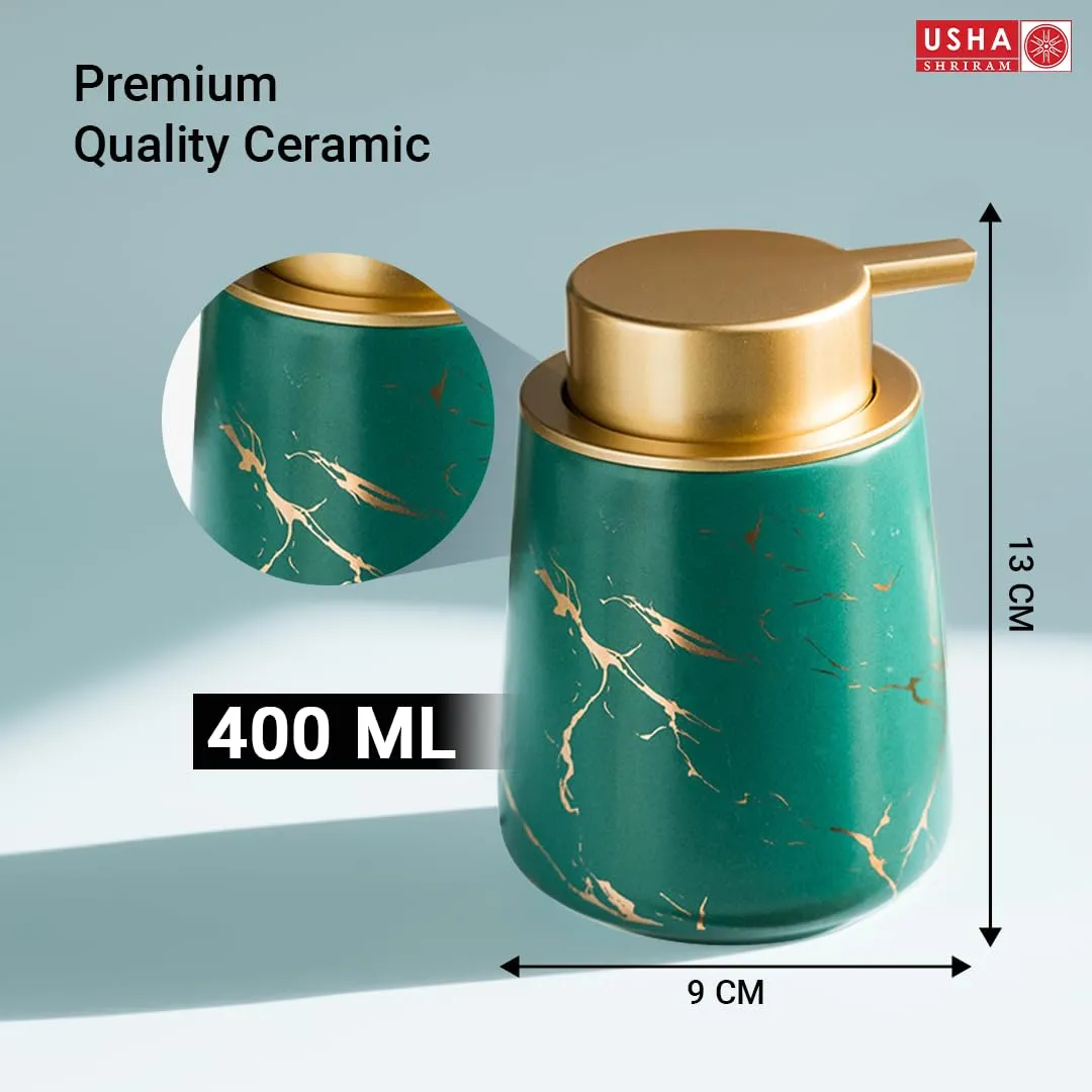 USHA SHRIRAM Soap Dispenser Bottle | Ceramic Soap & Lotion Dispenser Set | Kitchen Dish Soap Pump Dispenser Set | Hand Shower Washing Soap Dispenser (400ml - Design 4 - Green, Pack of 2)