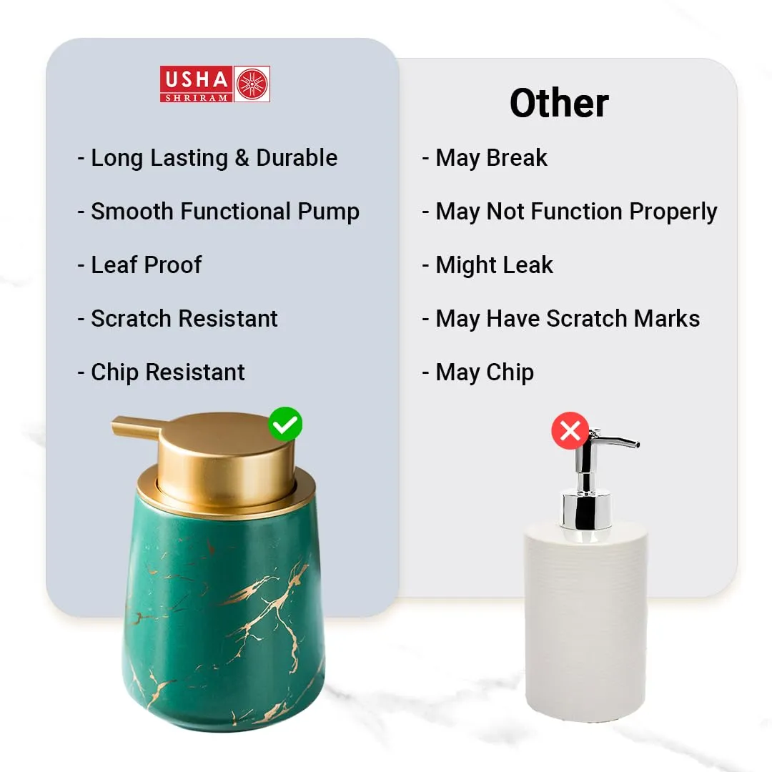 USHA SHRIRAM Soap Dispenser Bottle | Ceramic Soap & Lotion Dispenser Set | Kitchen Dish Soap Pump Dispenser Set | Hand Shower Washing Soap Dispenser (400ml - Design 4 - Green, Pack of 2)