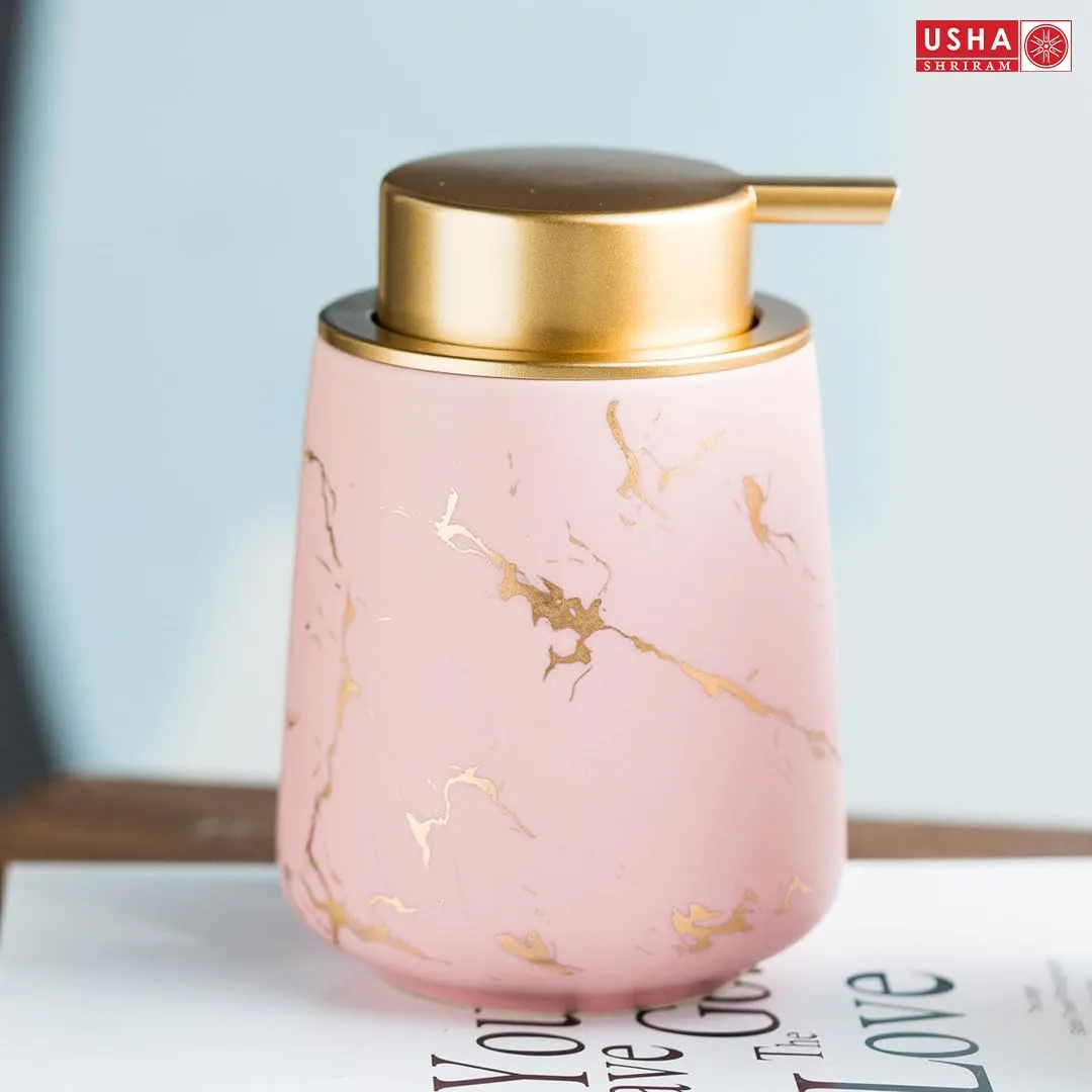 USHA SHRIRAM Soap Dispenser Bottle | Ceramic Soap & Lotion Dispenser Set | Kitchen Dish Soap Pump Dispenser Set | Hand Shower Washing Soap Dispenser (400ml - Design 4 - Pink, Pack of 4)