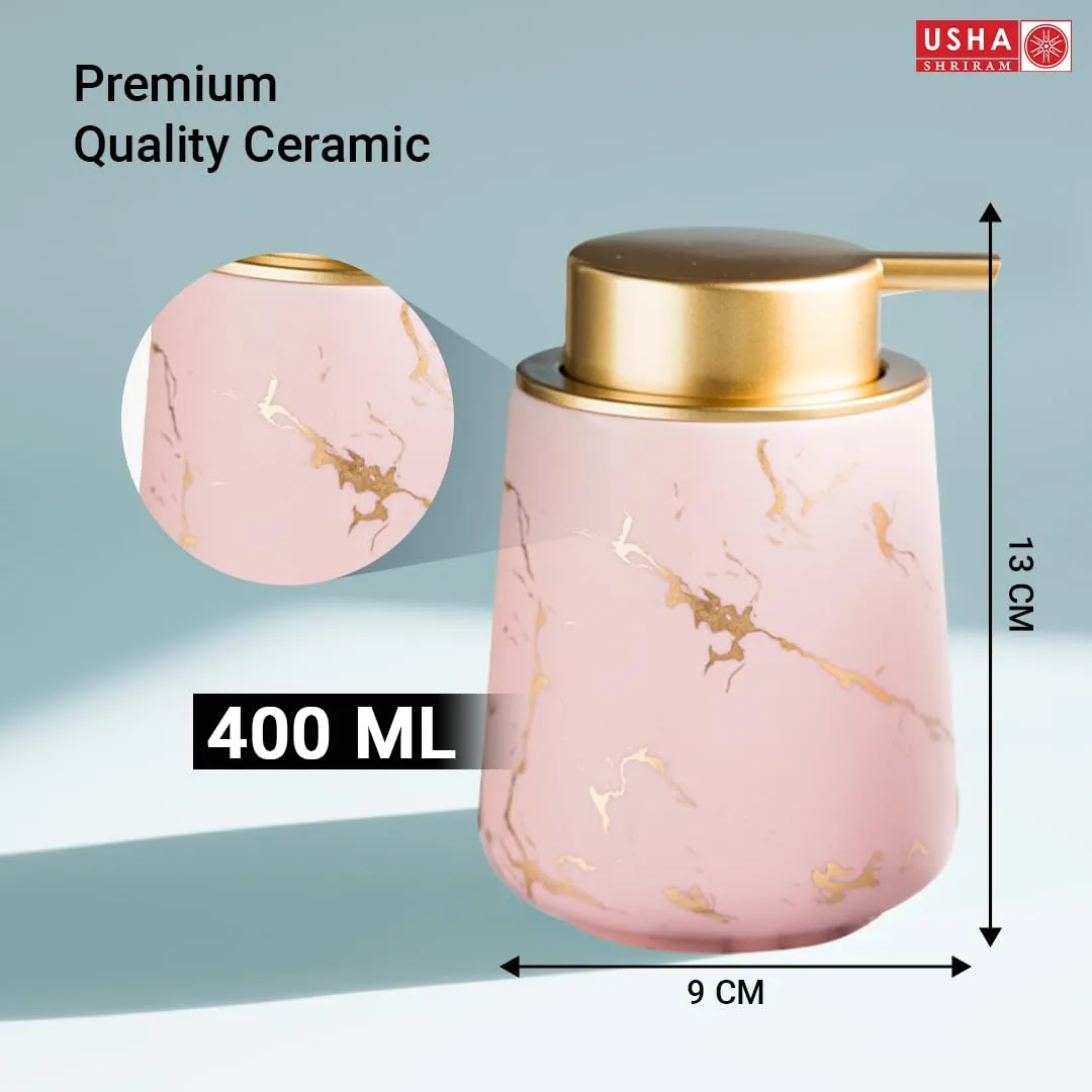 USHA SHRIRAM Soap Dispenser Bottle | Ceramic Soap & Lotion Dispenser Set | Kitchen Dish Soap Pump Dispenser Set | Hand Shower Washing Soap Dispenser (400ml - Design 4 - Pink, Pack of 4)