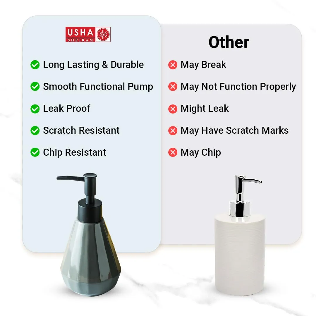 USHA SHRIRAM Soap Dispenser | Ceramic Soap & Lotion Dispenser Set | Kitchen Dish Soap Pump Dispenser Set | Hand Shower Washing Soap Dispenser for Kitchen Sink & Bathroom (250 ml, Grey, 4)