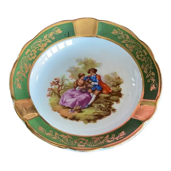 Vintage Green and Gold Ashtray, Limoge, France, Courting Scene