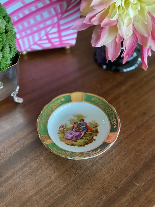 Vintage Green and Gold Ashtray, Limoge, France, Courting Scene