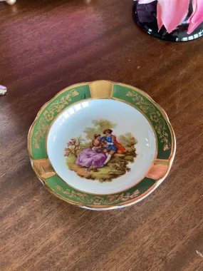 Vintage Green and Gold Ashtray, Limoge, France, Courting Scene